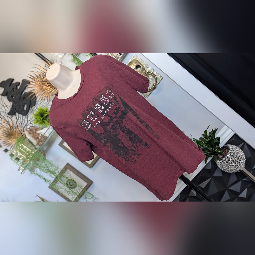Guess Silver Logo Burgundy Men's T-shirt LG